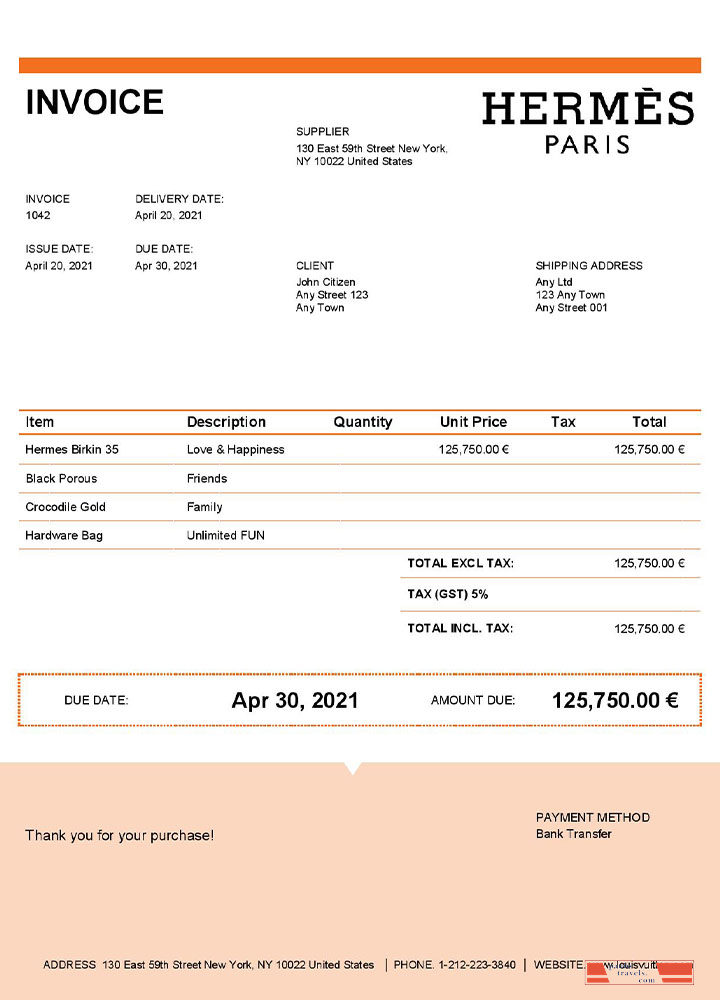 USA Hermes invoice template PSD template